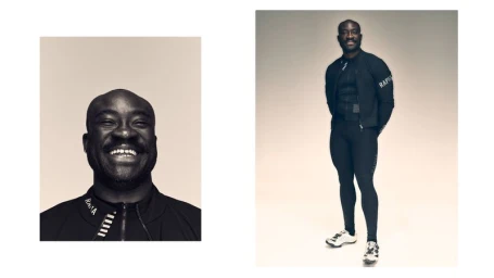 Two-panel studio portrait featuring a smiling Black man in cycling apparel by Rapha against a neutral gradient backdrop.