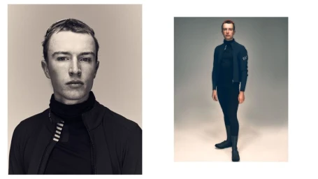 Portrait and full-length shots of a male model wearing black cycling apparel and sunglasses on a grey studio background.