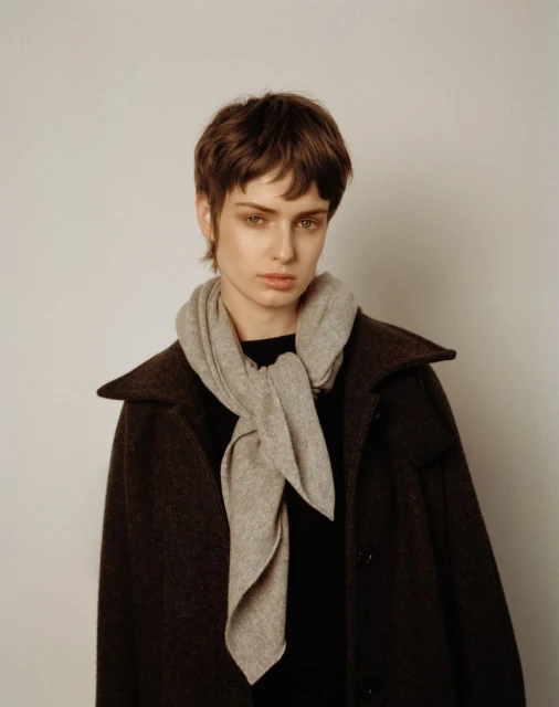 Portrait of a woman wearing a grey scarf and a brown coat, posing in front of a neutral background in a fashion-style photograph.