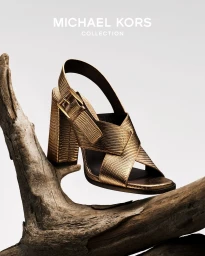 Gold high-heeled sandal resting on a weathered piece of driftwood against a plain light background