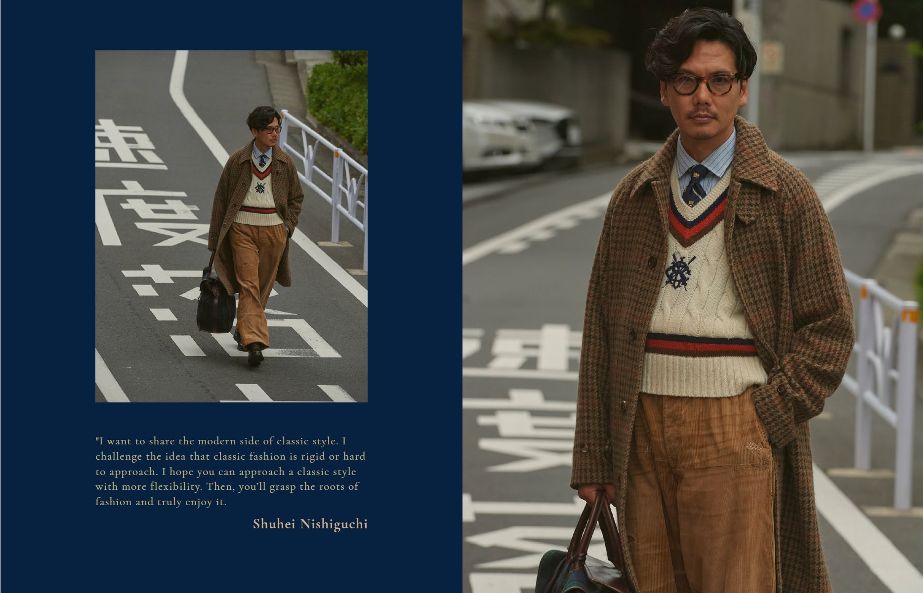 Mature adult male in a houndstooth overcoat, V-neck sweater, and corduroy pants walking on a city street with a briefcase. Fashion editorial.