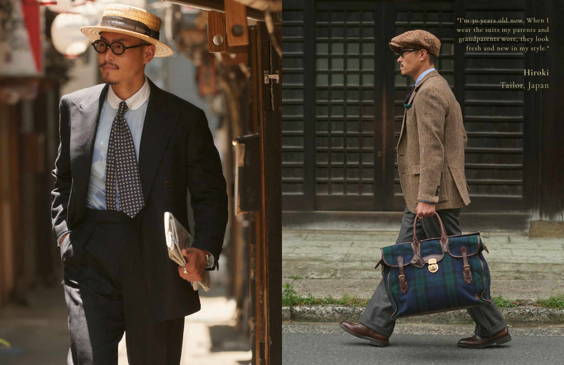 Two stylish Japanese men in vintage-inspired suits on a street. One man wears a straw boater hat and round glasses, the other a newsboy cap.