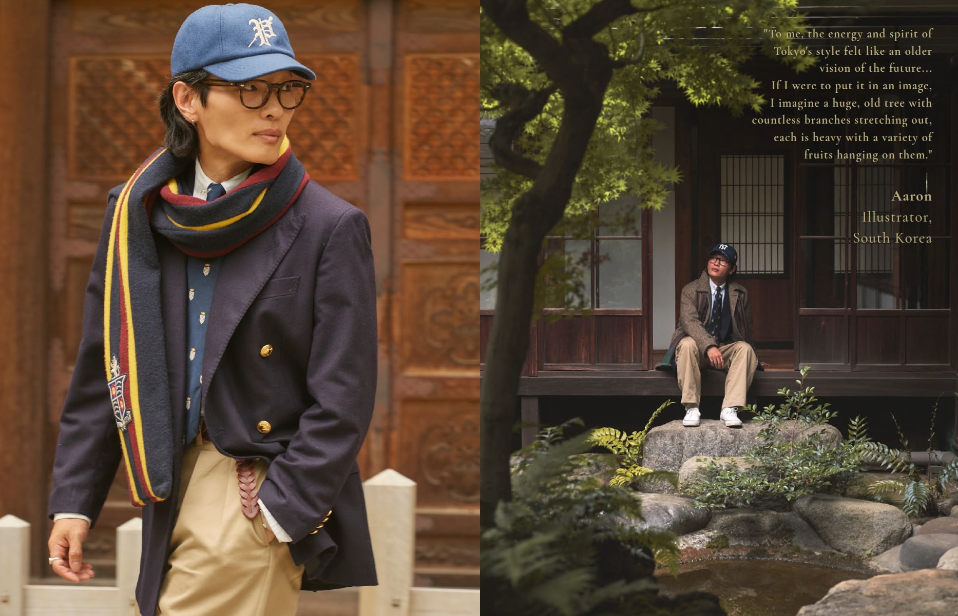 Asian man in preppy fashion, wearing glasses and scarf, poses in a split-frame image with architecture and nature backgrounds.