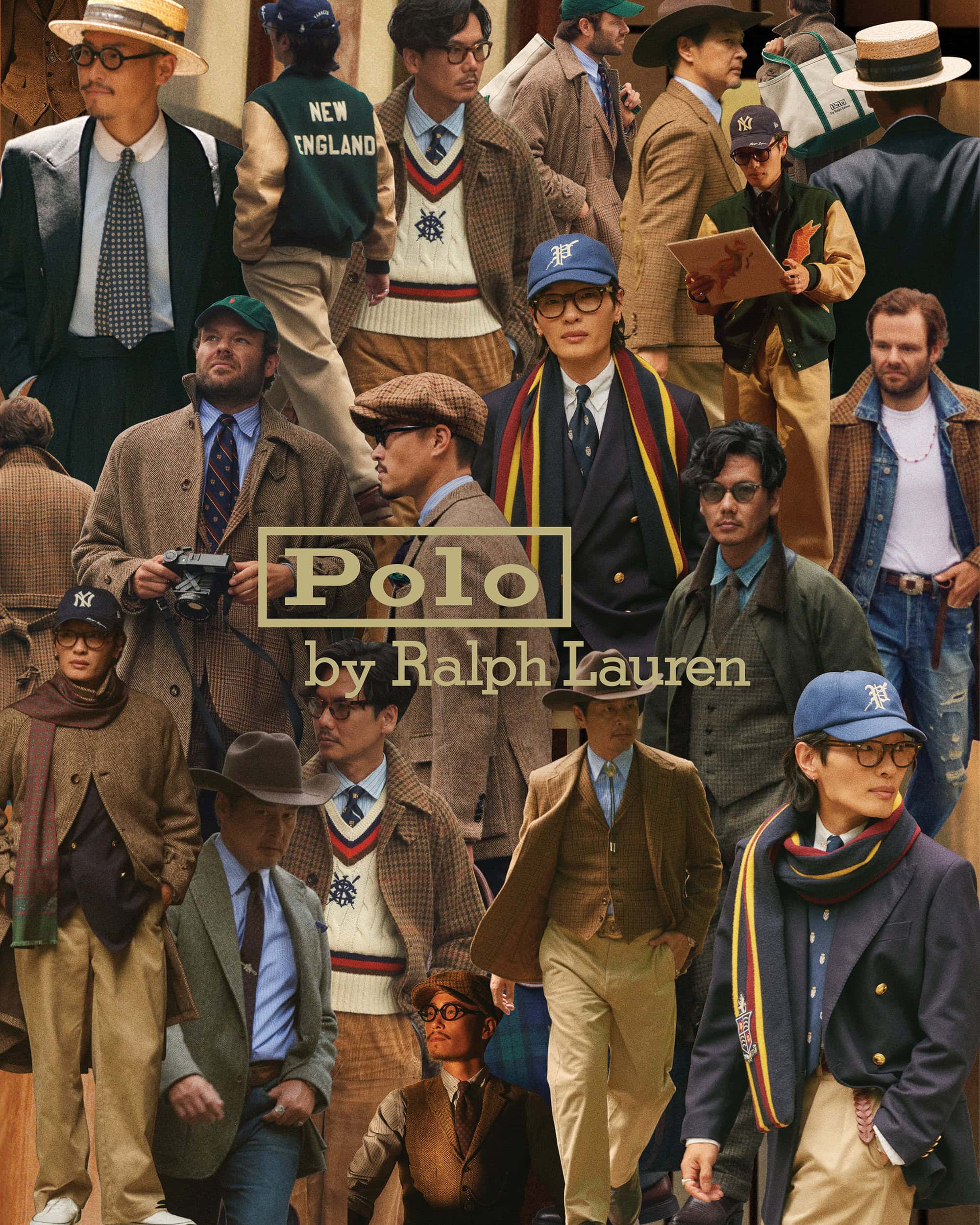 Collage of well-dressed men in vintage-inspired attire, featuring tweed blazers, vests, and hats, with the Polo by Ralph Lauren logo.