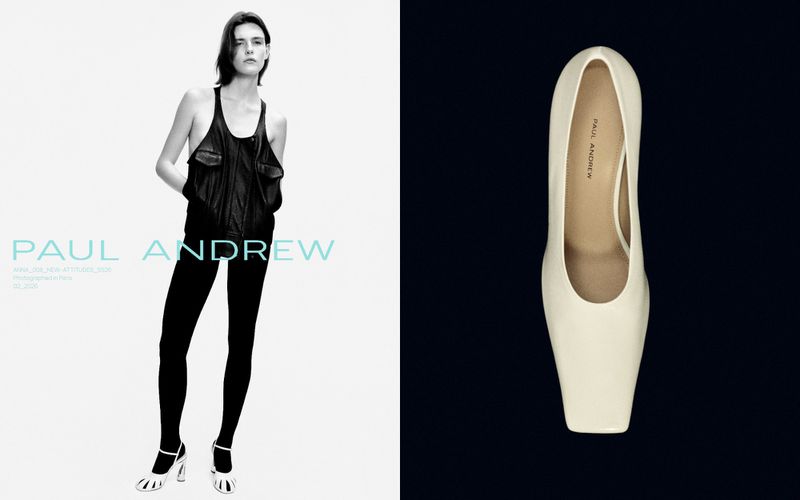 Fashion editorial shot featuring a model in a black tank top and black tights, with a white Paul Andrew shoe in the foreground.