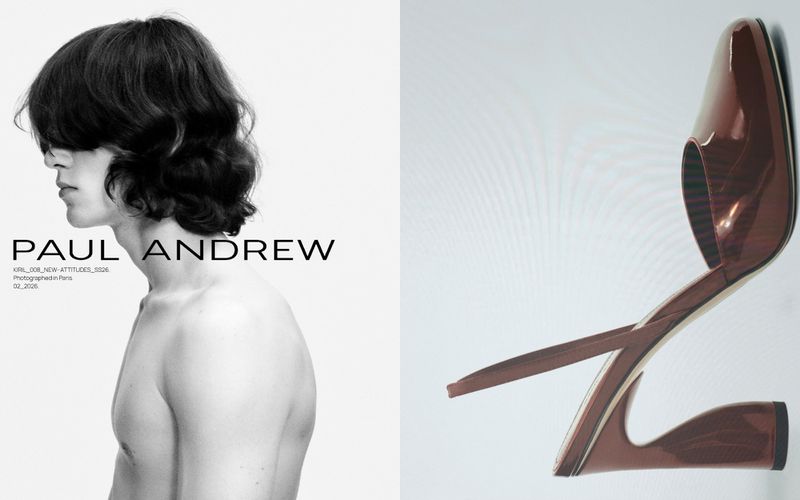 Fashion ad featuring a shirtless male model and a brown sculpted high-heel shoe against a bright white backdrop in a studio.
