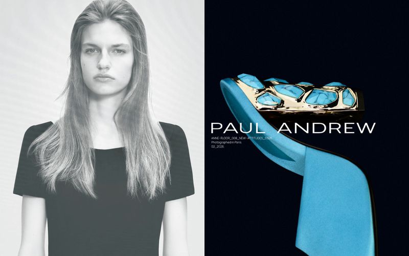 Fashion editorial shot featuring a woman with long hair alongside a high-heeled shoe adorned with turquoise gems on a dark backdrop.