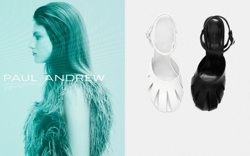 Fashion-forward ad for Paul Andrew brand showcasing woman in feathered garment and two slingback shoes in black and white.