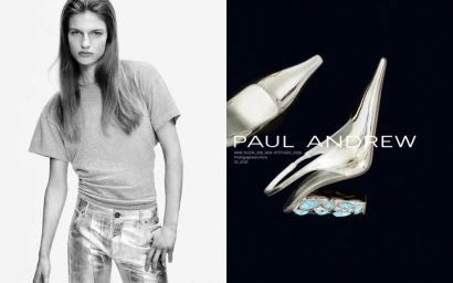 Diptypt image showing a model on the left in a grey t-shirt and metallic pants, and metallic slingback heels on a dark background on the right.