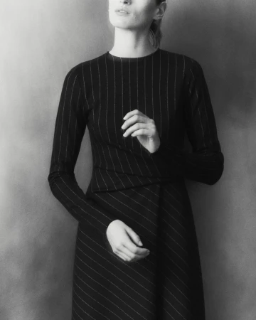 Model wearing a dark pinstripe long-sleeve dress against a textured neutral background