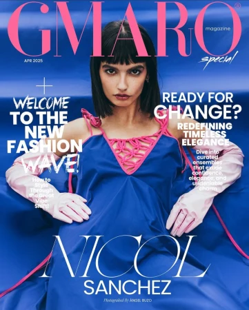 Magazine cover featuring a woman in a blue dress with pink accents, wearing pink gloves. The magazine is GMARO with a special edition.