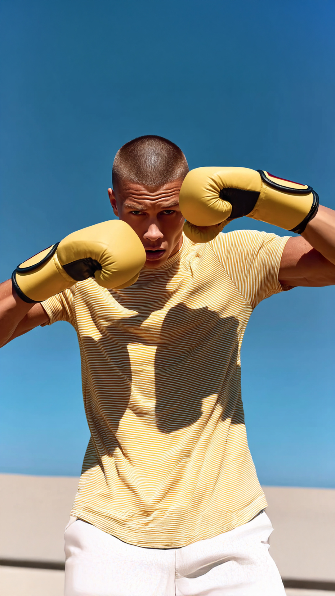 Young man in boxing gloves strikes a pose in bright sunlight against a clear blue sky, wearing a yellow shirt and white shorts.