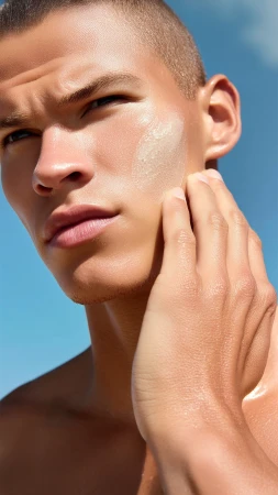 Close-up of an adult male applying lotion or sunscreen to his face under bright daylight against a clear blue sky.