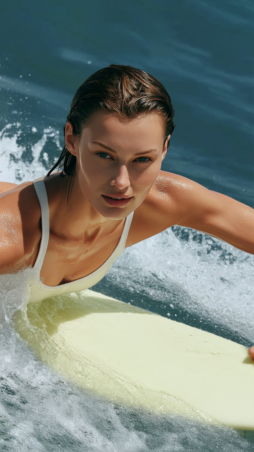 Woman in a white swimsuit rides a surfboard in the ocean, close-up. Splashes of water frame the board against a deep blue sea.