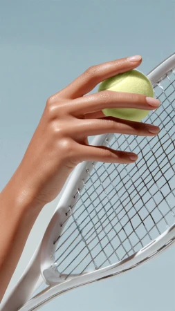 Close-up of a person holding a tennis ball on a tennis racket against a light blue background, showcasing sport and hand details.
