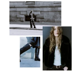 Collage of fashion photography featuring a model wearing a dark furry jacket, dark trousers, and knee-high leather boots.