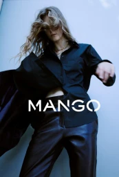 Model in a black button-down shirt and dark trousers against a pale blue background with Mango text overlay