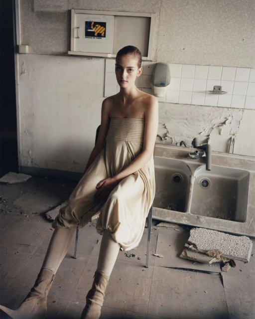Young woman in beige jumpsuit sits in an abandoned bathroom with broken tiles, worn surfaces, and a vintage sink, evoking urban decay.
