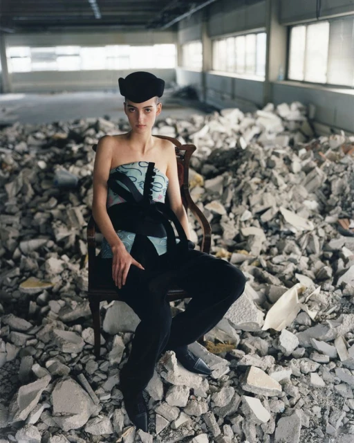 Woman in strapless top and hat sitting in old chair surrounded by rubble in derelict building with large windows and overhead beams.