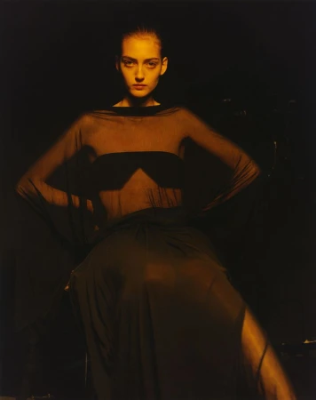 Model wearing a sheer black top and long skirt against a dark background illuminated with warm low-key lighting