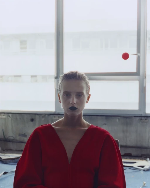 Woman with dark lipstick in a red dress poses in front of a large window with natural light in an interior setting. High fashion concept.