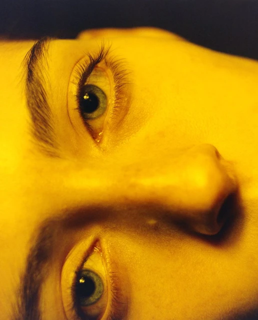 Close-up studio shot of a fair-skinned adult with striking green eyes under warm lighting, emphasizing beauty and detail.