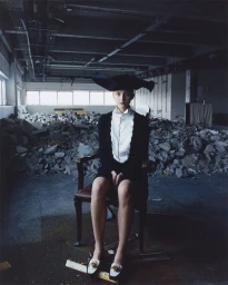 Model seated on a chair in a derelict industrial space wearing a black outfit and wide hat