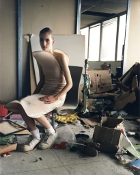 Model wearing a structured beige dress and white sneakers seated in a cluttered room for D Repubblica No trespassing editorial