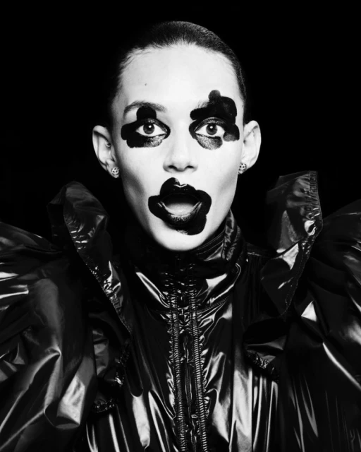 Portrait of a stylish adult woman with dramatic makeup posing in a studio wearing a shiny jacket against a black background.