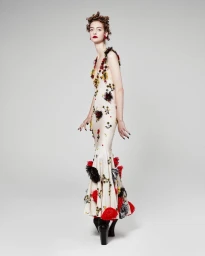 Model in floral embroidered white dress with red and black accents posing against a light grey background