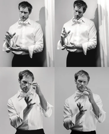 Alexander Skarsgård in a white shirt and bow tie playing string figures for M Le magazine du Monde editorial by Thurstan Redding