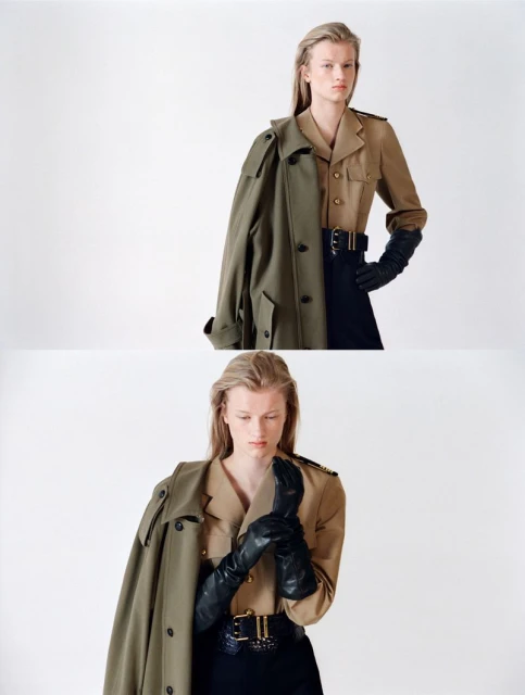 A striking fashion shot features a woman in a tan top, black skirt, and black gloves, with a trench coat draped over her shoulder.