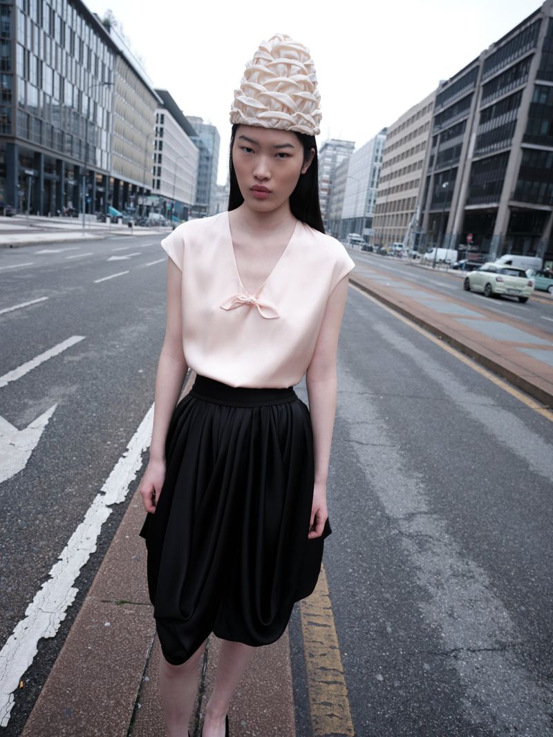 Asian woman wearing a pale pink top, black skirt, and sculptural hat standing on a city street.