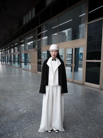 Fashionable Asian woman in a black and white outfit stands in an urban setting with a bucket hat, cropped jacket, and wide-leg pants.