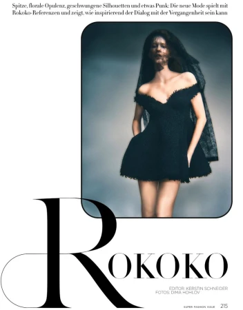 Model wearing a black off-the-shoulder mini dress with a sheer veil against a grey backdrop for Harper's Bazaar Germany.