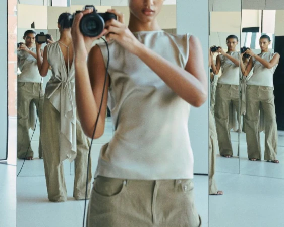 A tan-skinned woman in a beige top and pants stands in front of mirrors holding a camera up to take a photo in an indoor setting.