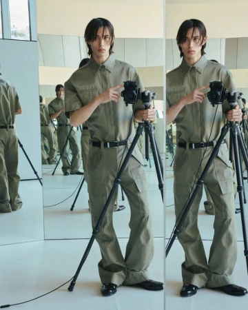 Model wearing an olive green matching utility shirt and trousers taking a photo in a mirrored room with a tripod