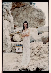 Model in a white lace dress standing outdoors against a rocky coastal cliff formation