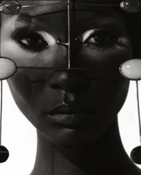 Close-up portrait of model Mahany Pery wearing a structured metal face sculpture for Elle Brasil by Mar+Vin.