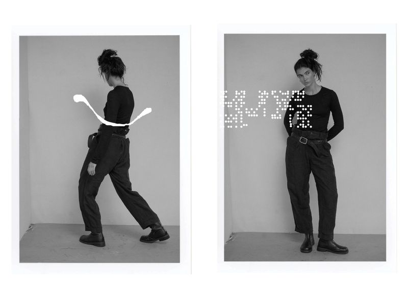 Monochrome studio shot of a woman in a long-sleeve top and wide-leg pants, posing in two frames with a splash of paint and dot art.