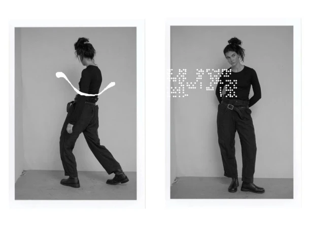 Monochrome studio shot of a woman in a long-sleeve top and wide-leg pants, posing in two frames with a splash of paint and dot art.