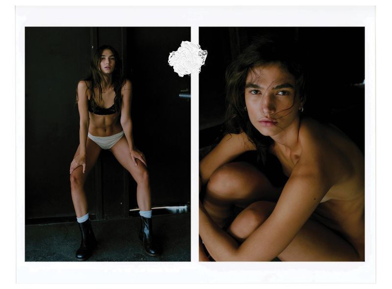 Two-panel shot: a slender young woman in lingerie poses by a black door in one panel and sits in shadows in the other.