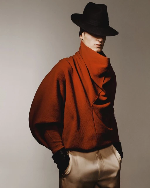 Man in wide-brimmed hat and orange sweater posing in a studio with neutral background. Fashion editorial image with strong light and shadow.