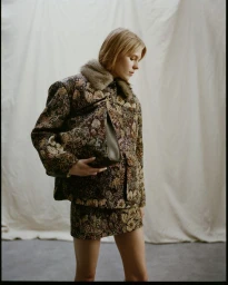 Model wearing a floral tapestry print jacket and matching skirt holding a dark handbag against a draped white backdrop.