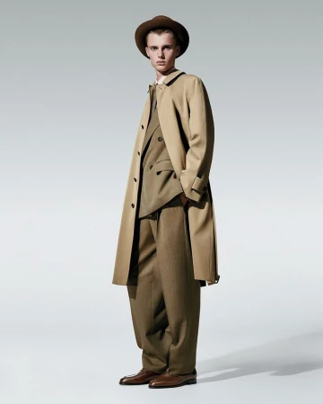 Model wearing a tan trench coat, brown suit, and hat against a light grey seamless studio background.