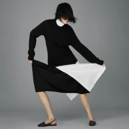 Model with dark hair blowing across face in black top and skirt against a grey seamless background