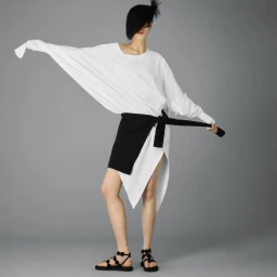 Model wearing a white dress with batwing sleeves and a black sash against a grey studio backdrop