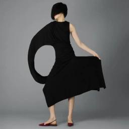 Model in a black dress with a sculptural draped sleeve loop, wearing red flats against a grey background.
