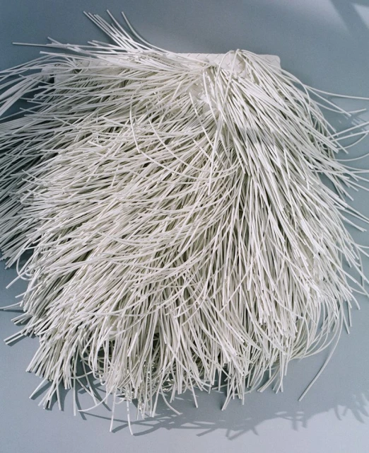 Abstract arrangement of thin, white, straw-like objects fanning out, with a shallow depth of field, on a pale grey surface, studio lighting.