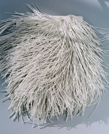 Abstract arrangement of thin, white, straw-like objects fanning out, with a shallow depth of field, on a pale grey surface, studio lighting.